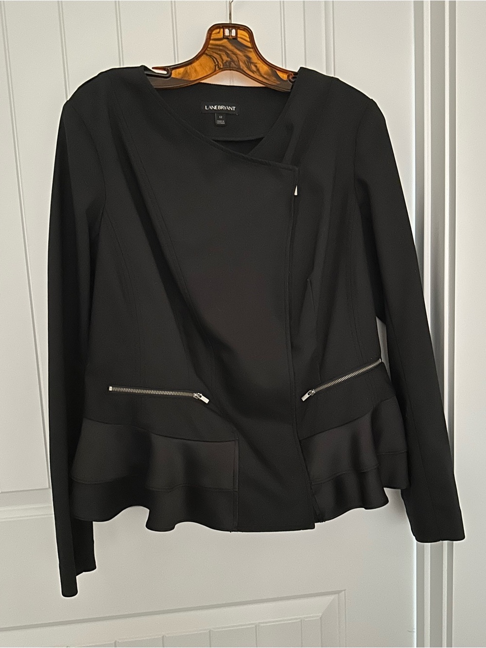 Lane Bryant 12 Black Ruffle-Hem Zip Pocket Jacket size 12